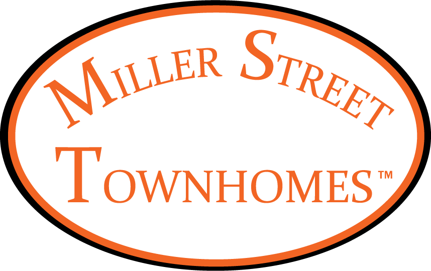 An oval shaped logo with the words "Miller Street Townhomes" written in orange.